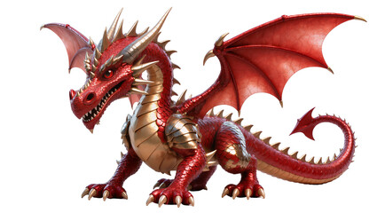 Isolated vibrant red dragon with golden horns, claws, and chest armor, powerful fantasy creature © Francisco