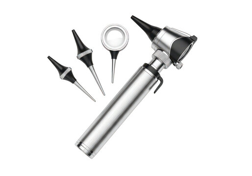 Medical otoscope with attached light source and various specula tips isolated on transparent background