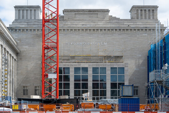 Berlin, Germany - 23 May 25: Pergamon Museum facade under renovation on Museum Island Berlin