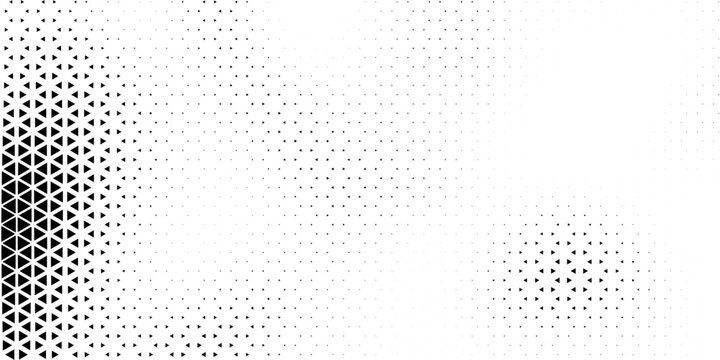 Fading triangle halftone texture gradient pattern. Abstract diagonal geometric background. Tech mosaic triangular halfton gradation. Vector vanishing corner arrow wallpaper for banner, booklet, poster
