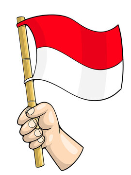 Hand Holding Indonesia Waving Flag on Bamboo Pole Illustration. Vector cartoon illustration of a patriotic human hand firmly holding a bamboo pole with the waving red and white national fl