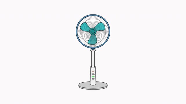 Electric pedestal cooling fan rotation with multiple speed variations, cartoon household appliance motion video, animation of an electric stand fan spinning with three different speed modes.