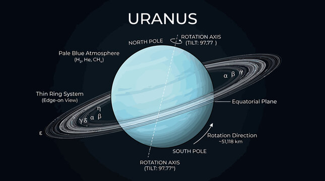 Educational diagram of planet uranus with rings and rotation axis