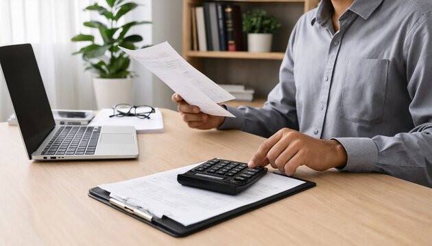 Hands writing on tax document with pen beside laptop on desk, processing financial paperwork for accounting, calculation, expense reporting, and document management in a business workflow