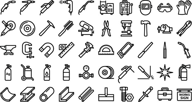Welding tools fabrication workshop and metalworking line icons set featuring welding torch machine helmet angle grinder outline vector industry symbols