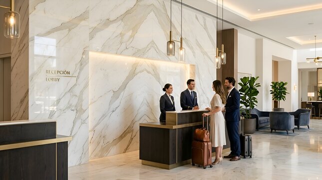 Elegant hotel reception with couple checking in and staff assisting
