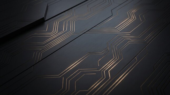 Abstract dark futuristic background with golden circuit board lines