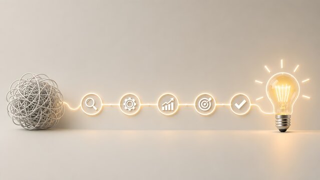 Creative problem-solving process showing tangled wire untangling through business icons to form glowing idea lightbulb