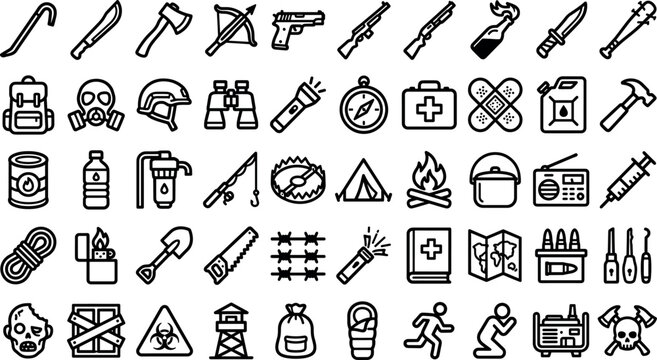 Zombie apocalypse survival gear and doomsday prepper line icons set featuring weapons first aid camping outline vector symbols