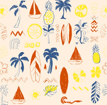 hand drawing vector Summer Element's. seamless print design. tropical vector graphics. palm tree with surfboard, lemon, waves pineapple, boat, flowers together make summer graphics print design. 