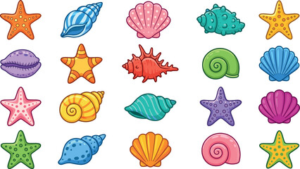 Colorful cartoon seashells and starfish vector set isolated on white background cute marine life collection for summer beach graphic design templates © MstBizly