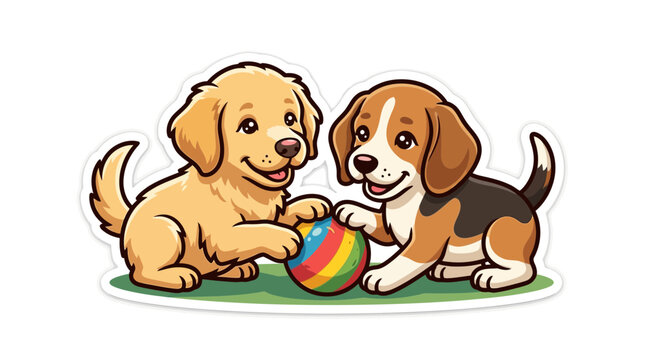 Two Adorable Cartoon Puppies Playing with a Colorful Ball Vector Illustration Sticker