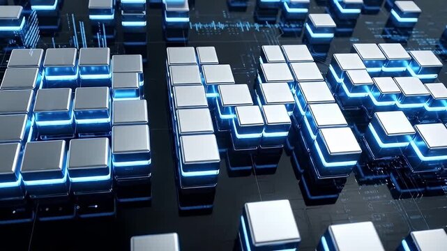 Digital technology futuristic cubes glowing circuit abstract blue silver innovation 3D electronic modern data network interface design pattern shiny reflection high tech connection system matrix