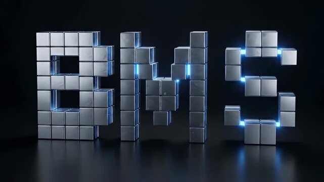 Premium battery management system technology featuring metallic cubes forming glowing blue acronym BMS on dark background futuristic innovation concept design