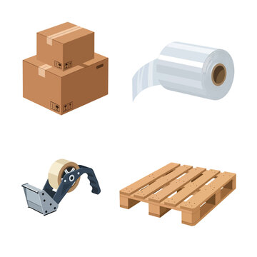 Isometric Shipping Supplies: Boxes, Tape, Pallet, and Shrink Wrap | Logistics & Delivery Icons