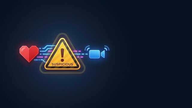 Suspicious warning sign with heart and video camera icons connected by digital connection lines on dark background symbolizing caution in online video communication and privacy risk alert