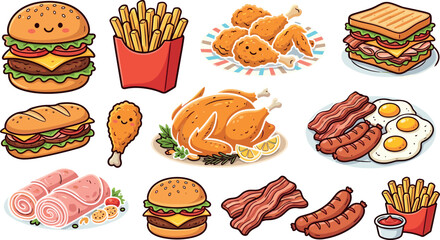 Fast food and breakfast menu vector illustration set featuring burger French fries fried chicken sandwich roast turkey bacon and eggs isolated on white background. © MstBizly