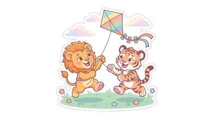 Fototapeta premium Adorable Cartoon Lion and Tiger Cubs Flying a Colorful Kite in the Meadow Vector Illustration