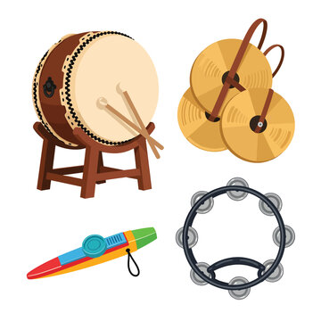Collection of Diverse Percussion Instruments: Drum, Cymbals, Kazoo, Tambourine