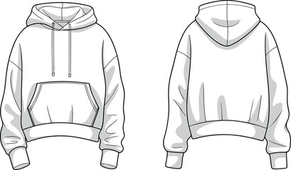 Technical flat sketch of oversized hooded sweatshirt with kangaroo pocket and drawstring detail front and back view vector template for apparel design © MDSALANUR