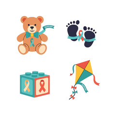 Fototapeta premium Childhood Cancer Awareness Icons: Teddy Bear, Baby Footprints, Toy Block, Kite with Ribbons