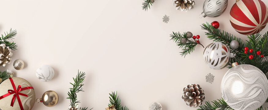 Beautiful flat lay banner showing white and silver ornaments pine branches and red accents framing an empty light cream background for text