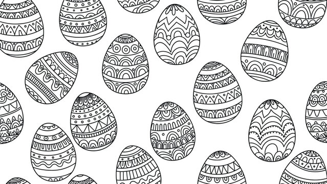 Easter egg pattern coloring page for kids and adults with various hand drawn ornamental holiday designs featuring geometric shapes circles lines and waves.