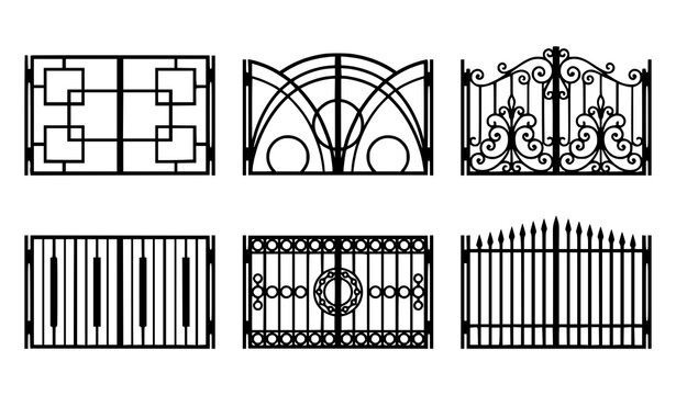 Modern and Classic Forged Metal Fence Gate Collection Vector Set Isolated on White Background