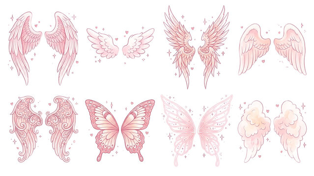 Cute pink angel and fairy wings cartoon illustration set