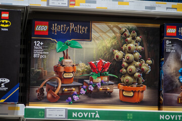 Obraz premium Lego Harry Potter Box on a Shelf Displaying Hogwarts Herbology Plants mandrake Construction Toy. Milan, Italy - June 24, 2026