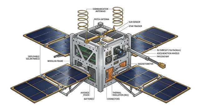 Technical diagram of a modular cubesat with solar panels