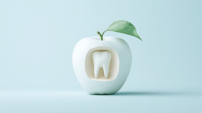 A single human tooth inside a white apple against a soft blue background. This conceptual image represents dental.