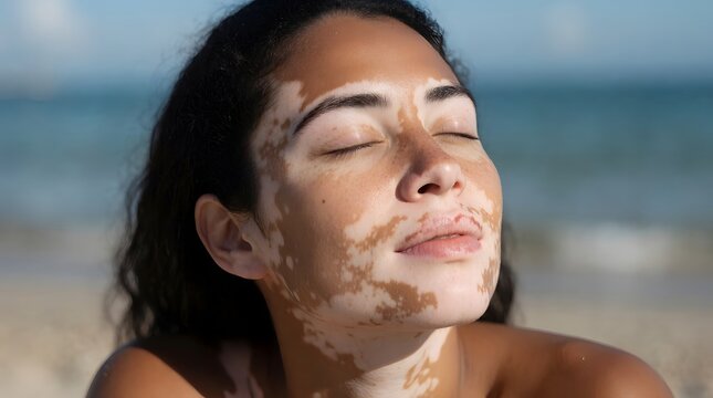 Woman with vitiligo enjoying sun at beach. Girl with skin condition relaxing outdoors. Concept of body positivity, natural beauty, self-acceptance and skincare. Summer lifestyle portrait.