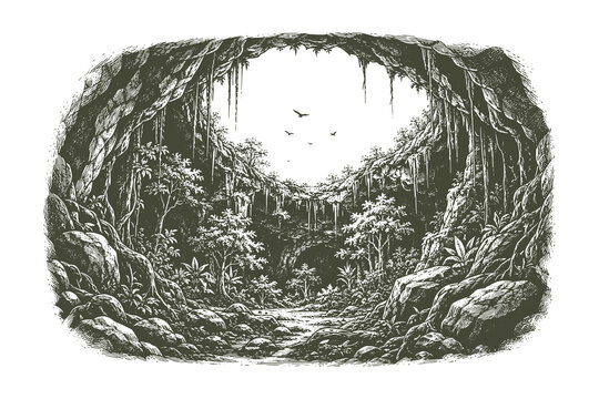 Detailed Line Art Cave Interior Vector Illustration Featuring Lush Vegetation, Natural Rock Formation and Hidden Wilderness Landscape Scene