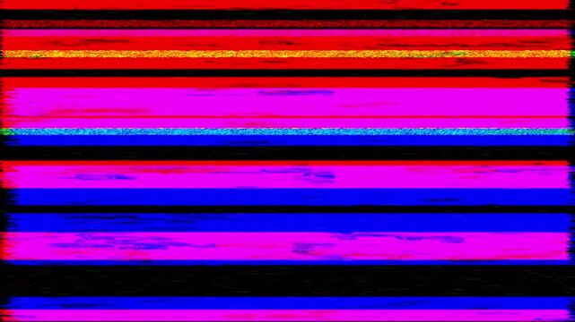 Vibrant colorful VHS glitch background. Distorted analog tape signal with heavy static noise. 4K Premium retro video.