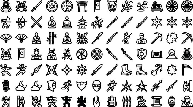 Samurai and ninja traditional Japanese warrior line icons set featuring katana sword shuriken weapon feudal history outline vector symbols