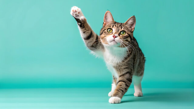 Playful Tabby Cat Reaching Upwards Against A Solid Teal Background Studio Shot