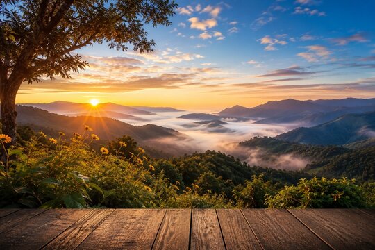 Golden Sunrise over Misty Mountain Valley Landscape