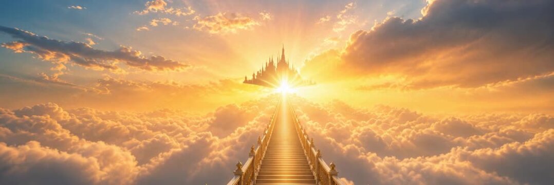 Golden stairway rising through sunset clouds, animated website banner with copy space for text