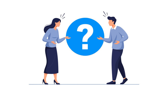 Couple confused by question mark, communication problem, disagreement, problem solving concept