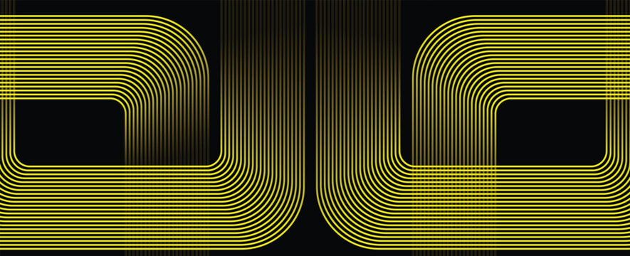 Abstract technology background featuring neon yellow geometric parallel lines forming a retro futuristic cyber circuit pattern on black canvas.