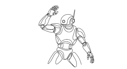 Fototapeta premium Modern Robot Waving Hand, Futuristic Android Character, Minimalist Line Art