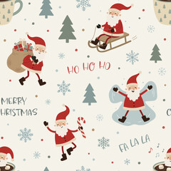 Fototapeta premium Christmas seamless pattern with Santa, sleigh, gifts, candy cane, snow angel, cocoa mugs, trees, snowflakes, and holiday slogans