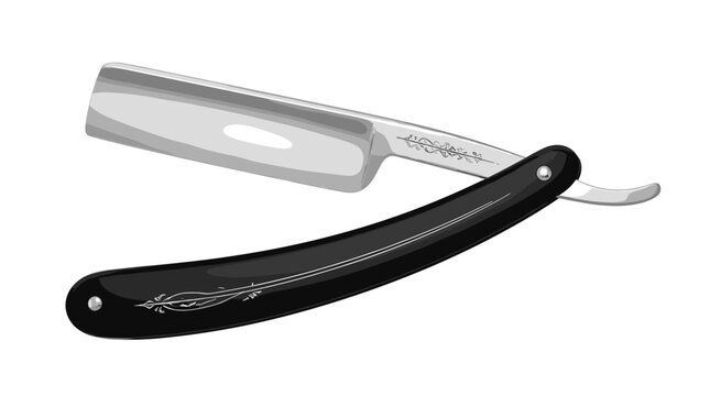 Classic straight razor with steel blade and black handle.
