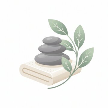 Stacked spa stones with green leaf on white towel minimalist wellness illustration