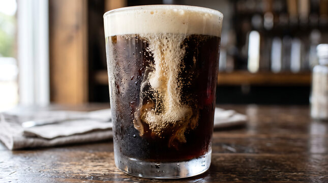 A side view of nitro cold brew coffee inside a glass cup with cascading nitrogen bubbles