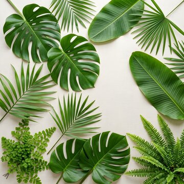 Close-up of Various Green Tropical Leaves on Light Background