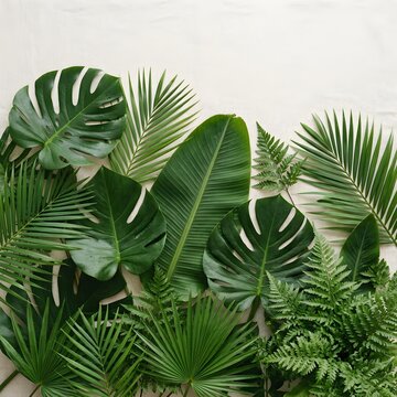 Close-up of lush tropical green leaves with vibrant foliage and natural light