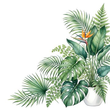 Close-up of lush green tropical plants with vibrant butterfly in bright natural light