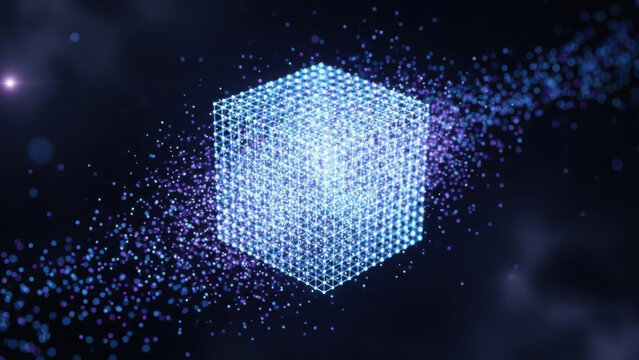 A luminous blue cube of interconnected dots floats in a dark cosmic space with sparkling particles.